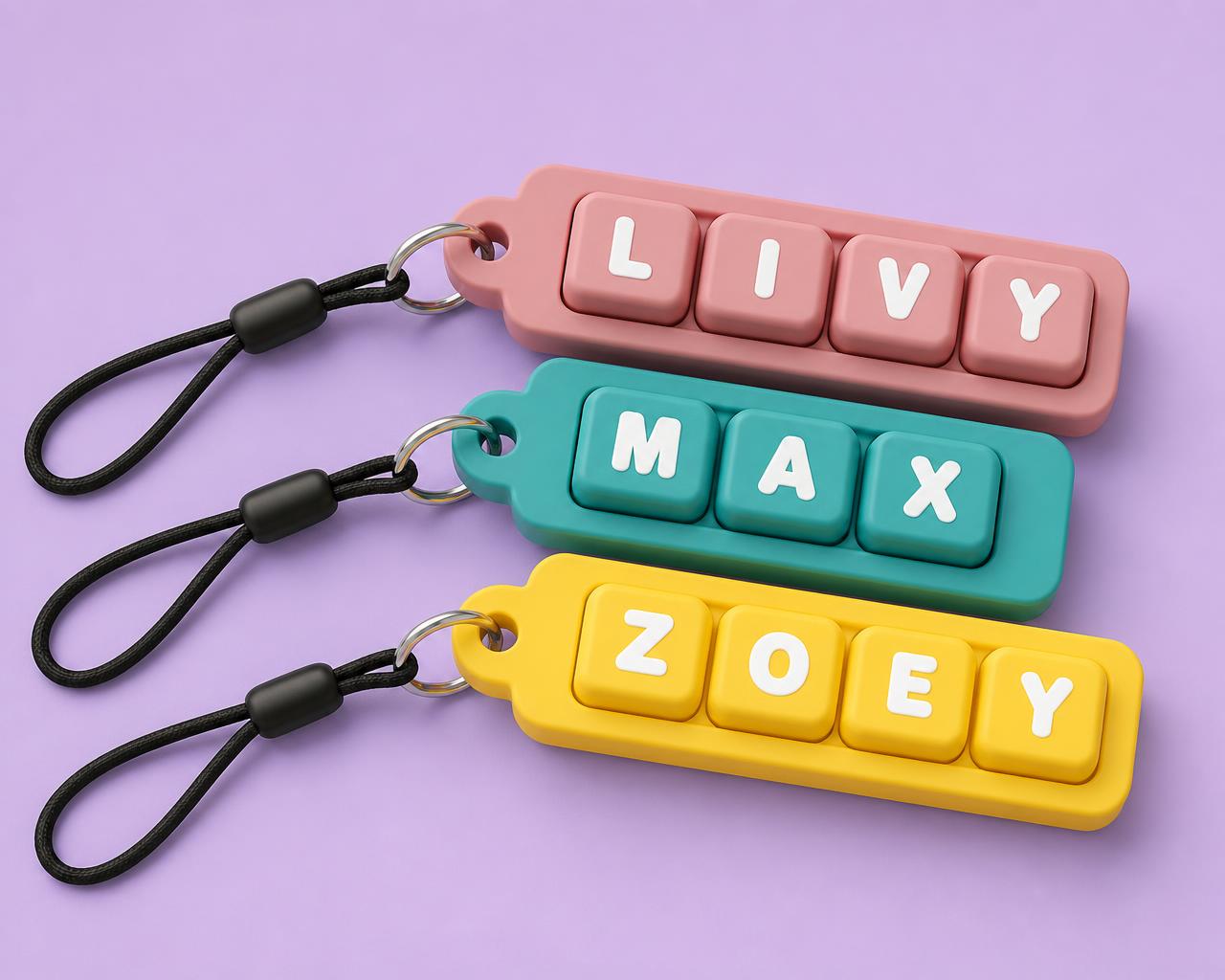 Pink, turquoise and yellow personalized name fidget clicker keychains with keycap letters and black wrist straps